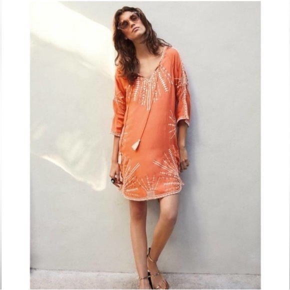 Tolani Orange Cream Embroidered Boho Vacation Mini Dress Swim Cover Size Large - Picture 1 of 8